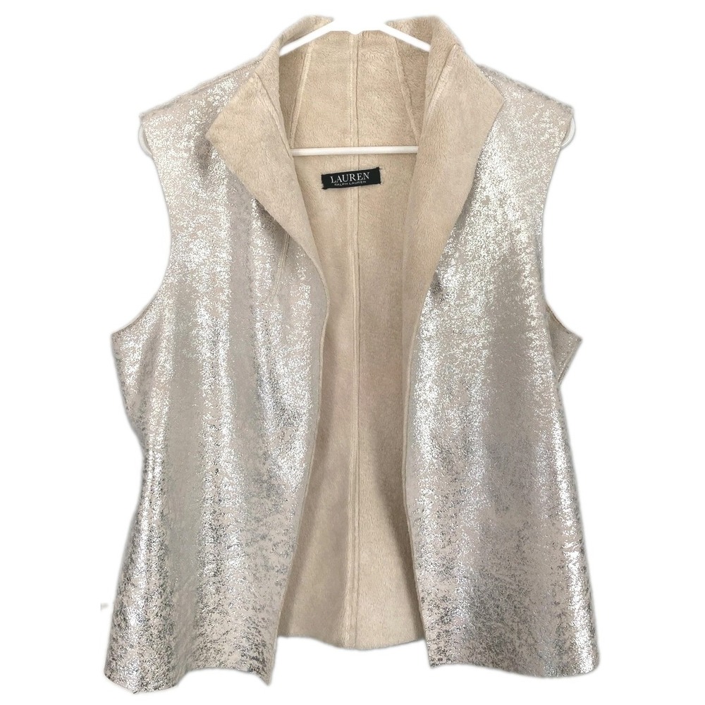 Lauren Ralph Lauren Vest Womens M Silver Metallic Fleece Lined Open Front EUC